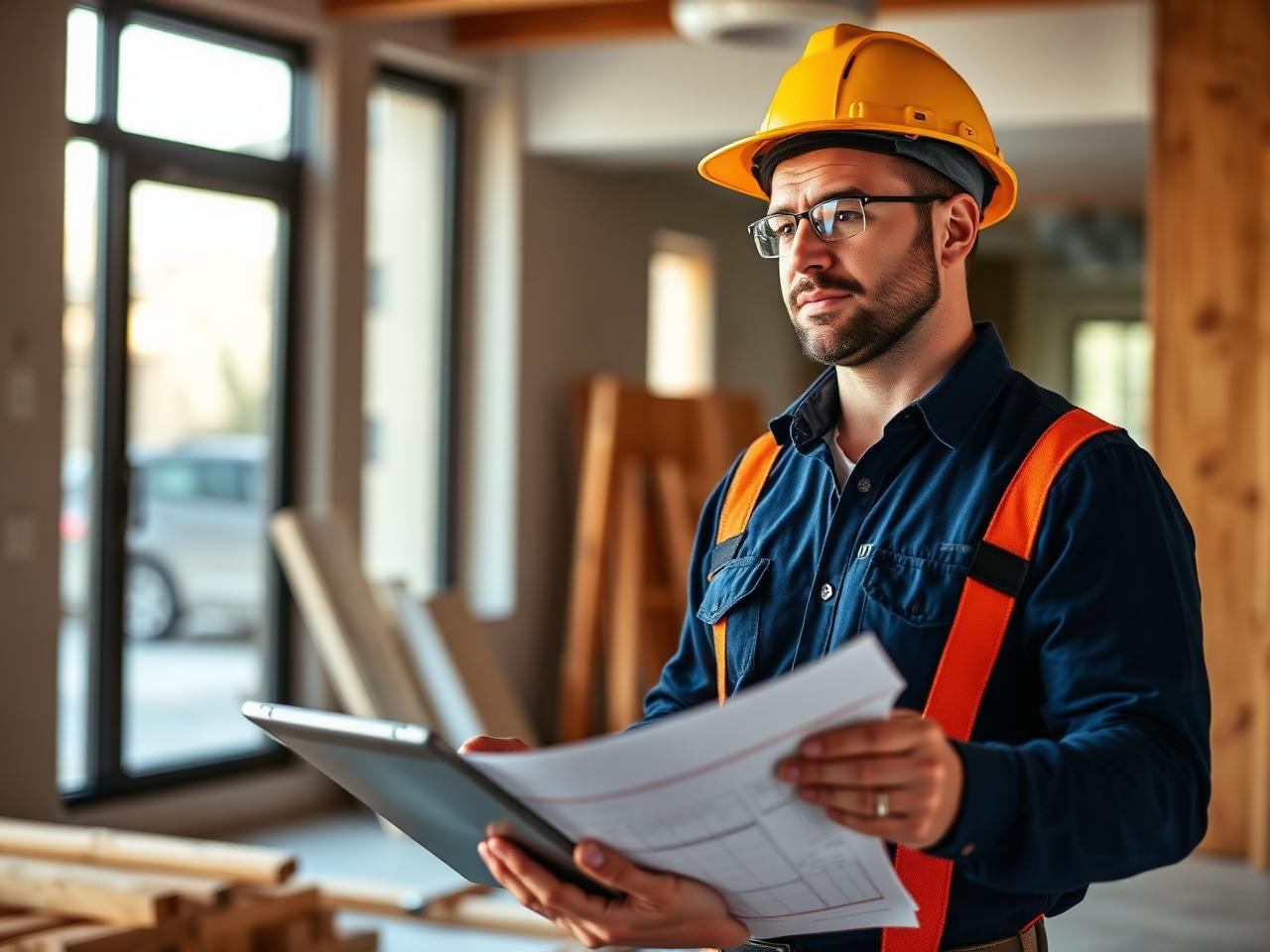 Contractor in a hard hat reviewing blueprints at a renovation site